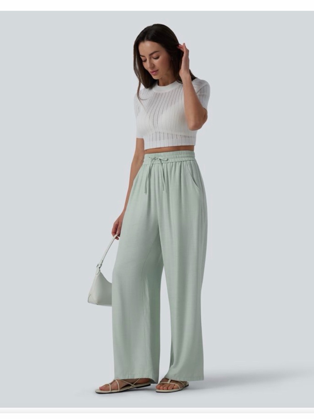 HALARA Aqua Gray Wide-Leg Drawstring Pants